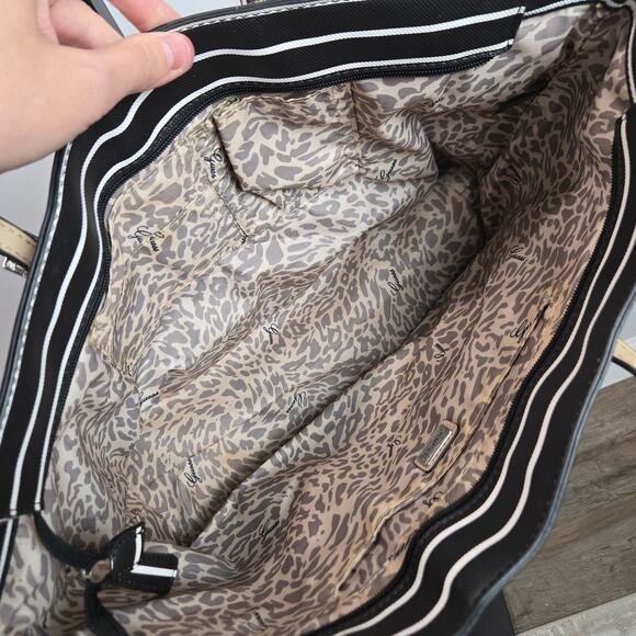 Vintage Y2K Guess Tote Bag Purse Black White Stripe Coated Canvas Heart Charm - Picture 6 of 11